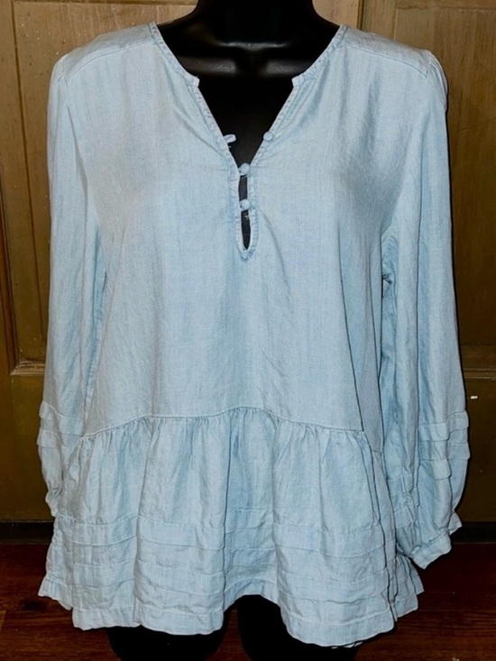 American Eagle Outfitters Tops - American Eagle Light Blue Chambray Peplum Tiered Babydoll Peasant Blouse Size M